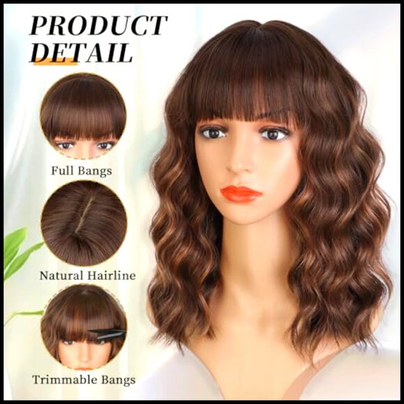 Synthetic Bob Wig with Bangs Curly Wavy Shoulder Length for Cosplay Daily Use main image 5